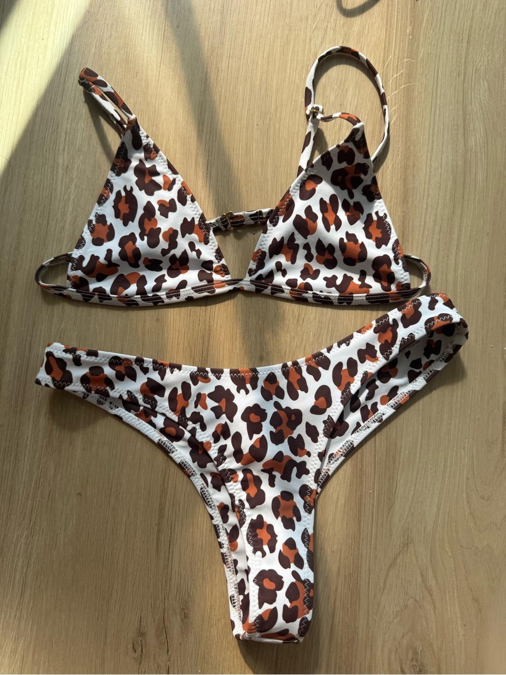 LAHANA SWIM Leopard Print Triangle Bikini Set in White & Brown